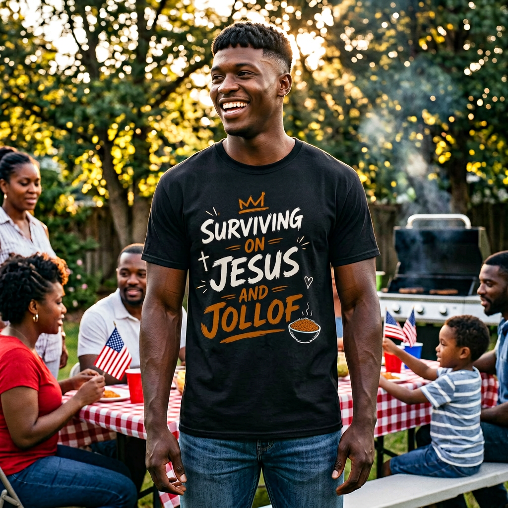 Surviving on Jesus and Jollof T-Shirt — Faith, Grace & Good Food Graphic Tee